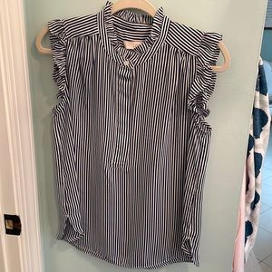 Loft sleeveless blue and white striped blouse with ruffles at sleeves and neck.